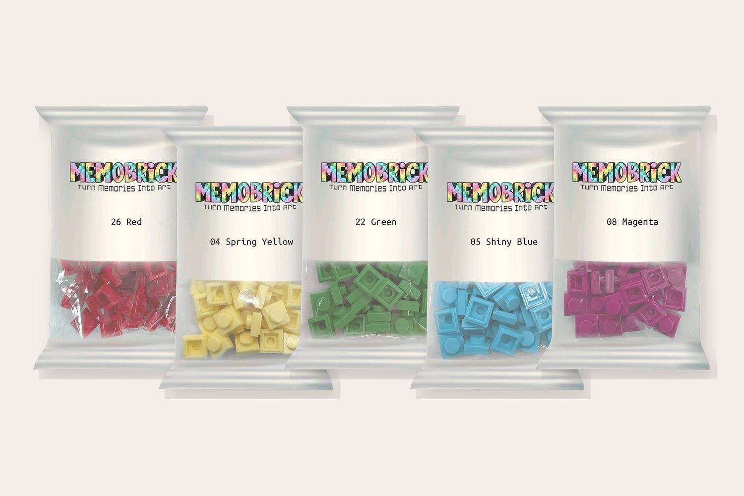 Memobrick bags of 1×1 bricks, each labeled with its color name and number